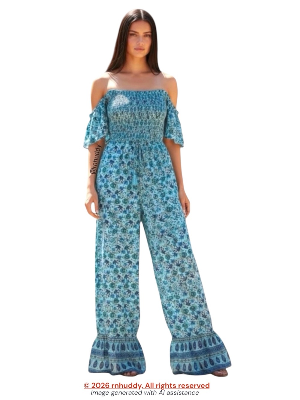 BOG Collective L blue floral smocked off shoulder flare leg boho jumpsuit